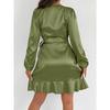 Women Satin Royal Blue Wrap V Neck Ruffle Hem Long Sleeve Mini Dress