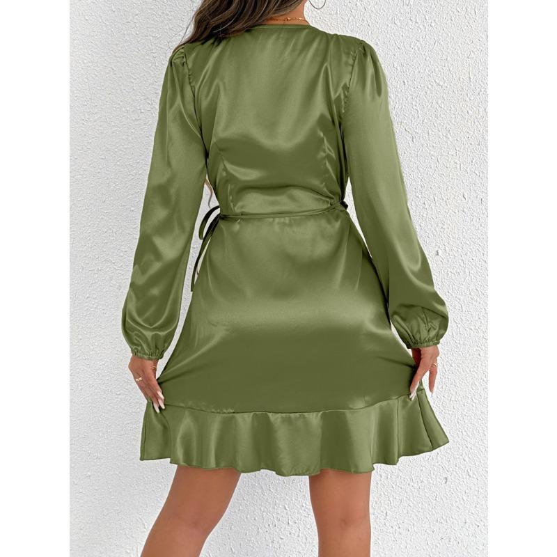Women Satin Royal Blue Wrap V Neck Ruffle Hem Long Sleeve Mini Dress