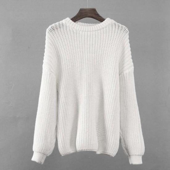 O-Neck Long Sleeve Knitted Sweater Ribbed Edge Solid Color Coarse Yarn Women Sweater Female Clothing