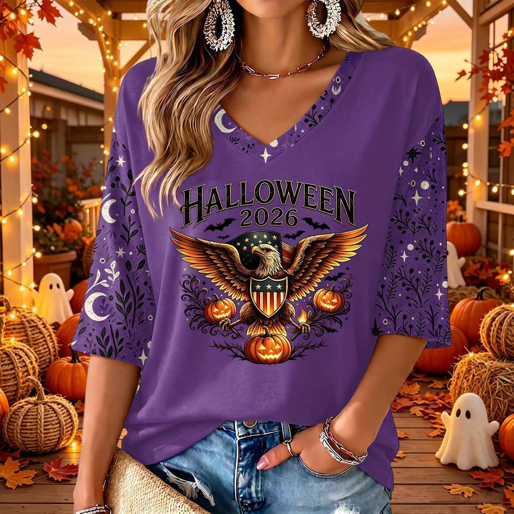 Women's Casual V-Neck Halloween Print Three-Quarter Sleeve Top