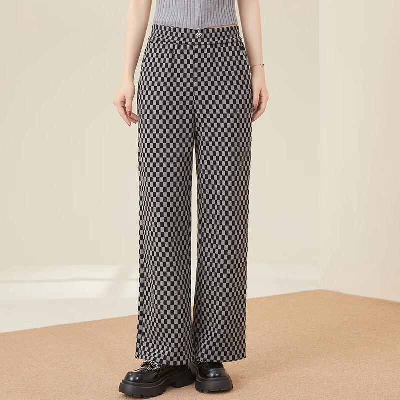 Women's Plaid Wool Blend Straight Wide-Leg Trousers