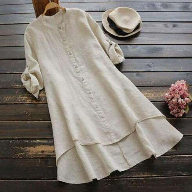 2026 Spring Summer Women’s Long Shirt Cotton Linen Solid Color Buttoned S