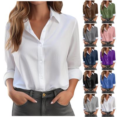 Women's Shirt Blouse Solid Color Button Long Sleeve Casual Basic Shirt Collar Regular Top