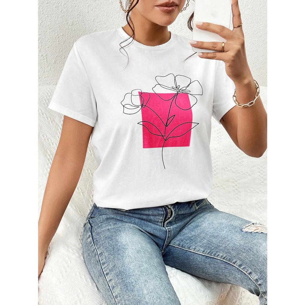 Dámské tričko Essnce Casual Fit Květinový potisk s kulatým výstřihem Krátký rukáv, Vhodné na léto