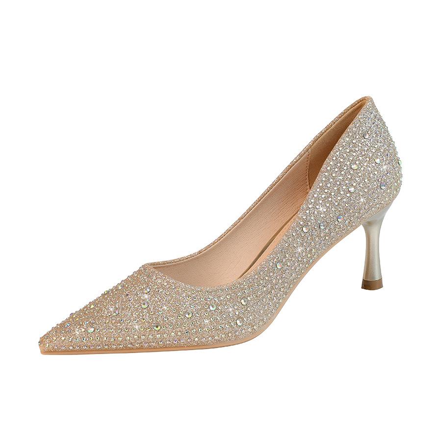 Fashion Point-toe Women's Sandals Nightclub Show Thin Stiletto Women's Single Shoes Rhinestone Sequin High-heeled Shoes