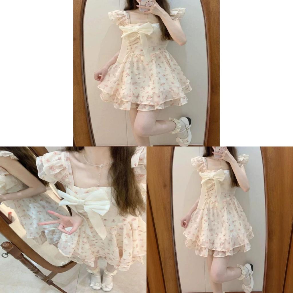 French Floral Girl Summer Aline Dress With Tie Waist For Petite Women