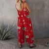 Summer Women Jumpsuit Adjustable Spaghetti Strap Backless Sleeveless Wide Leg Loose Floral Print Deep Crotch Side Pockets Pleated Vacation