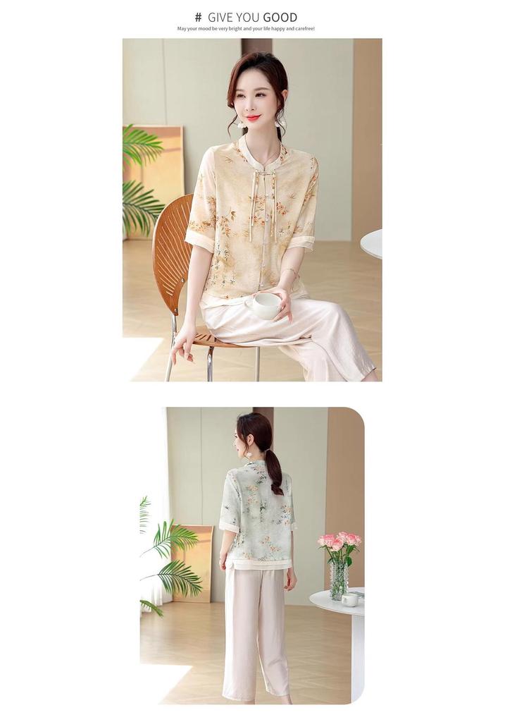 Stylish Summer Two-Piece Set: Casual T-Shirt & Wide Leg Pants for Middle-Aged Women