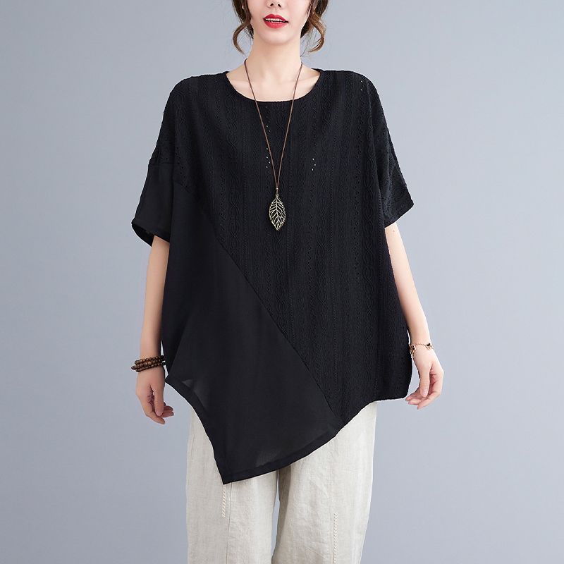 Koreanischer Sommer Damen Rundhals Kontrastfarben Tops Aushöhlen Patchwork Unregelmäßig Lässig Kurzarm Locker Midi T-Shirt
