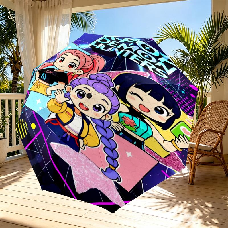 Ombrello Automatico Apri e Chiudi con Stampa KPop Demon Hunters, Ombrello Pieghevole Portatile, per Viaggi all'Aperto, Pendolarismo, Campeggio, Regalo di Compleanno Ideale