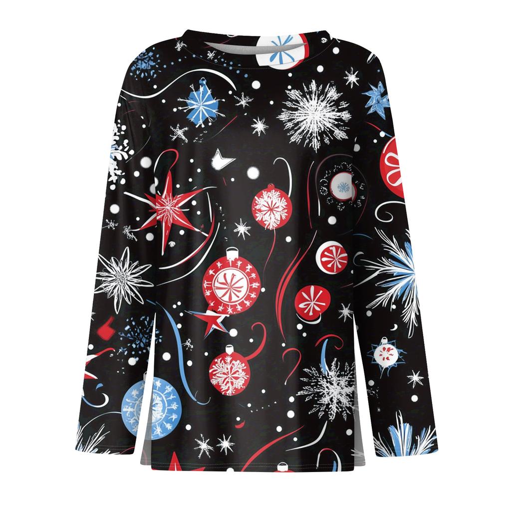 Women's Fashion Casual Slit Hem Round Neck Long Sleeve Loose Christmas Printed T-Shirt Ladies Top