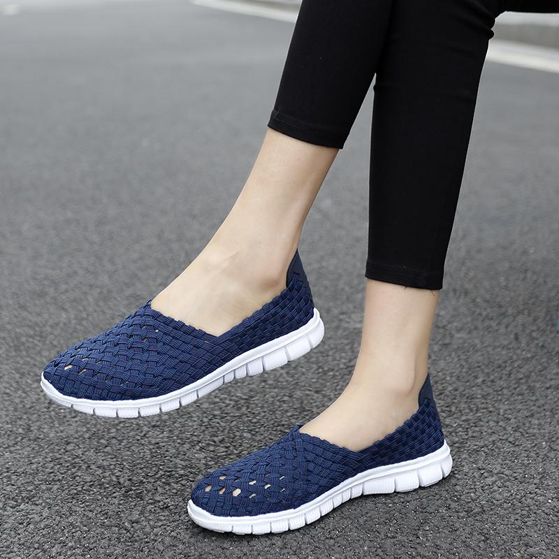 Dames Zomer Ademende Zilveren Moccasin Strandschoenen Dames Zwart Casual Instappers Rijschoenen Gevlochten Blauwe Platte Schoenen Sneakers Grote Maten