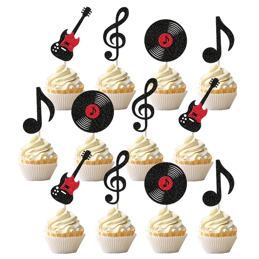 

Retro Black Glitter Music Note Guitar Cupcake Toppers - 12pcs for Birthdays 12pcs Material Kit