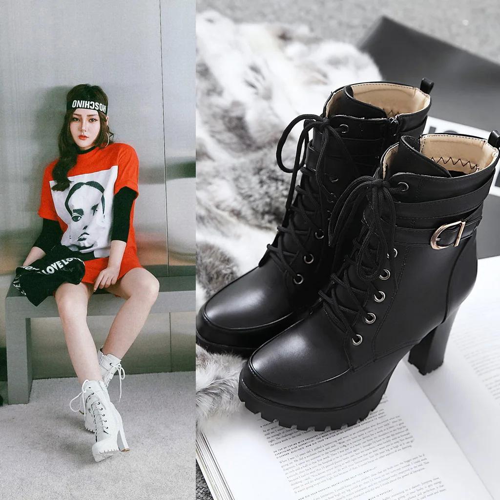 Höst Vinter Klassiska Spännen Tjock Klack Ankelstövlar Dam Brittisk Stil Korsrem Höga Klackar Retro Chunky Damstövletter