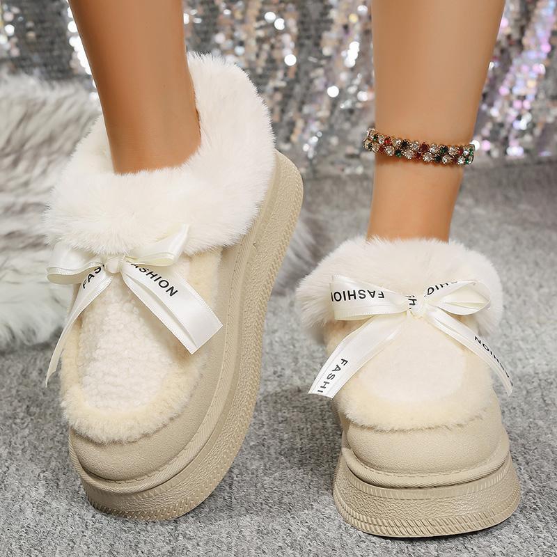 Fashion New Thick Bottom Fur Cotton Padded Shoes Women Bowknot Non Slip Thick Plush Snow Boots Woman Slip On Warm Platform Ankle Boots
