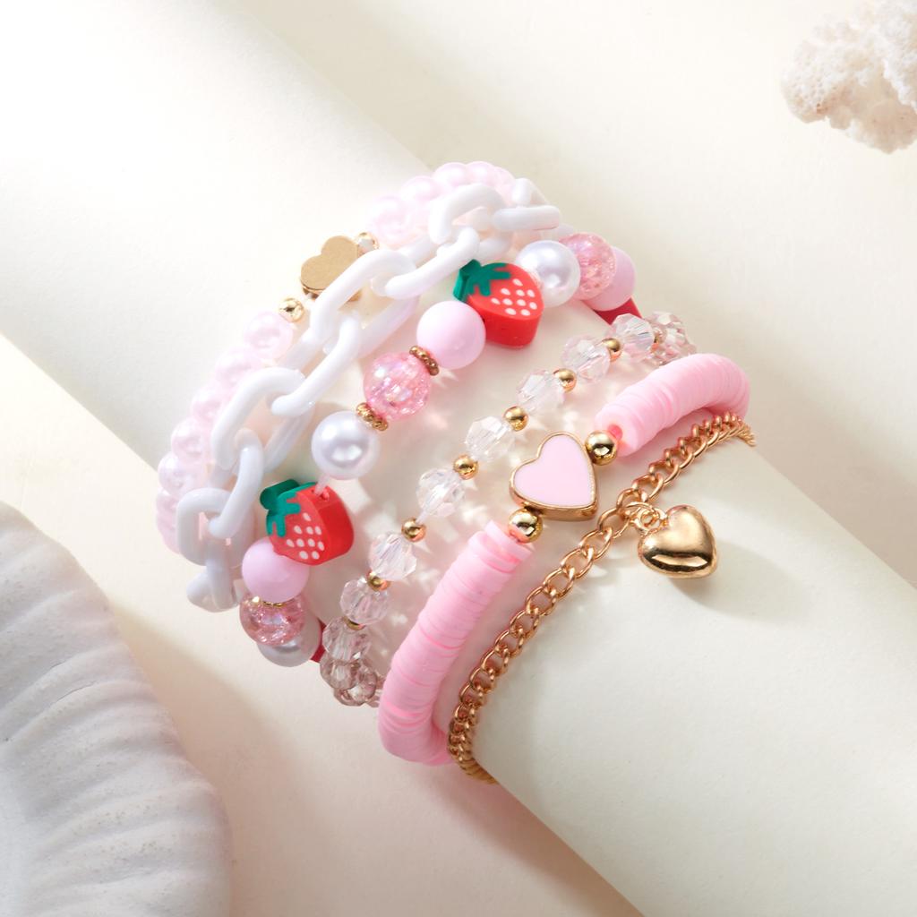 Cute Y2K Strawberry Heart Multilayer Bracelet for Women Girl Pink Polymer Clay Heshi Beads Crystal Chains Set Party Jewelry Gift