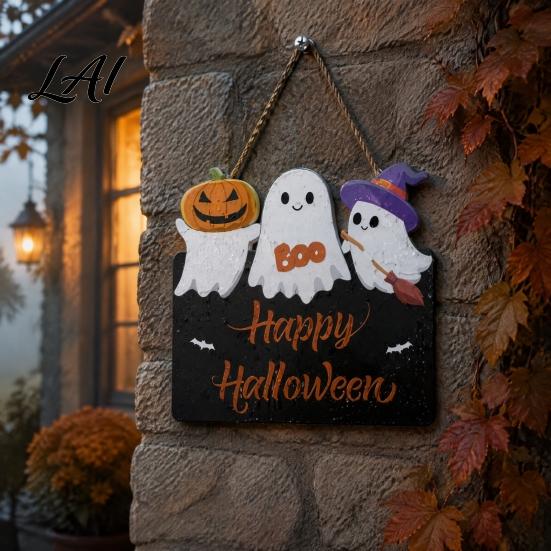 Black Orange Party Props Halloween Ghost Door Sign Cute Ghosts Wooden Hanging Wreath Rustic Happy Witch Broom Bat Sign Welcome for Home Wall
