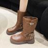 Women's Rivet Designer Thick-soled Short Leather Boots Low Heel Black Buckle New Style Punk Short Boots