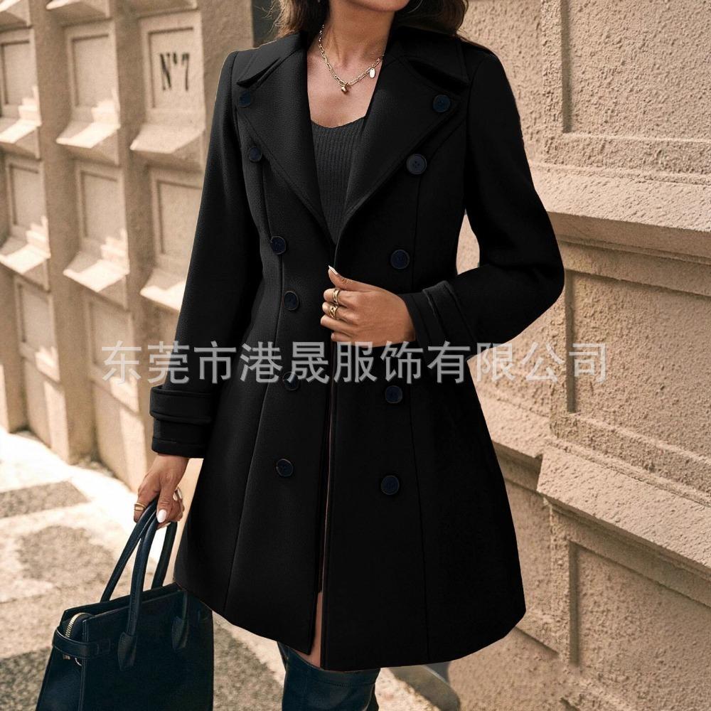 Women's Lapel Long Sleeve Wool Coat Regular Fit Solid Double Breasted Pocket Elegant Mid Length Woolen Overcoat