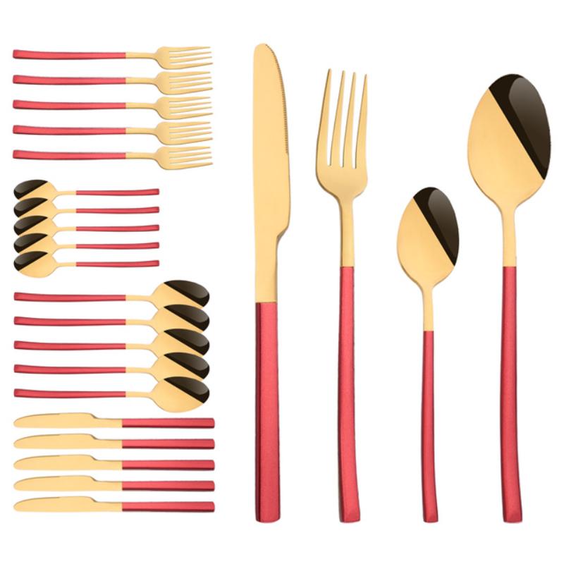 24 ks Moderní jídelní sada Nerezová sada nádobí Modrá Zlatá Nůž Vidlička Lžíce Čajová lžička Kuchyňská sada příborů