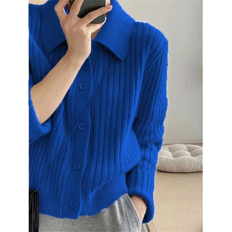 Korean Fashion Solid Color Knit Cardigans Tops Women 2024 Turn Down Collar Sweater Coats Woman Long Sleeve Chic Soft Slim Knit Cardigan Jacket Female
