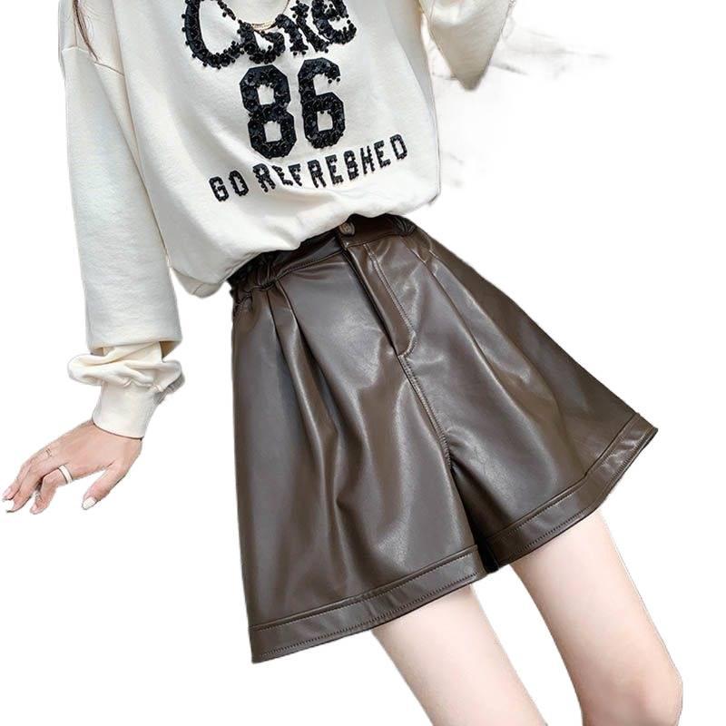 High Waist PU Leather Bootcut Shorts - Elastic, Plus Size, Wide Leg, Loose Fit, Black, Women’s Stylish Autumn/Winter Wear