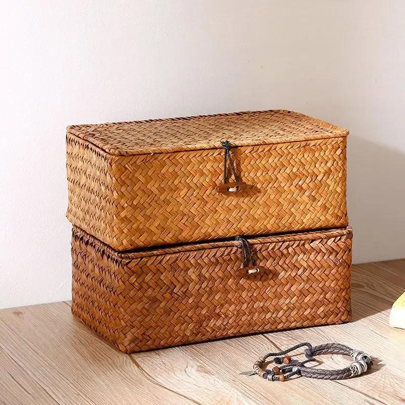 Handmade Straw Woven Vintage Storage Rack Basket, Desktop Storage Box, Gift Box, Bathroom Storage Basket, Underwear Storage Box