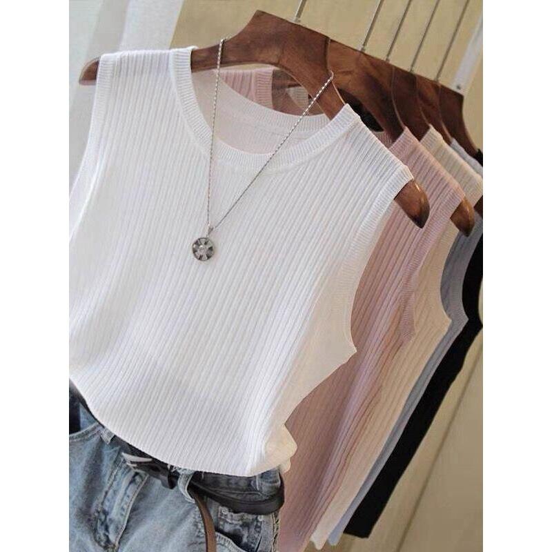 High-end knitted sweater sleeveless T-shirt women's summer slim-fitting and thin celebrity temperament versatile top trend
