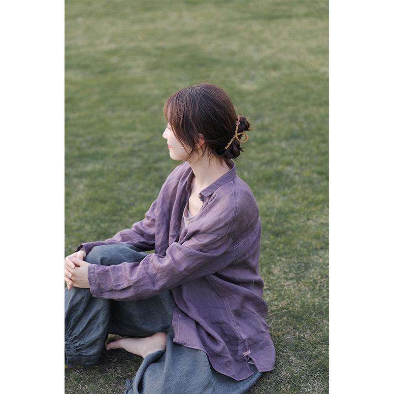 2022 Artistic Retro Purple Ramie Ultra-Thin Lapel Loose Sun Protection Shirt M