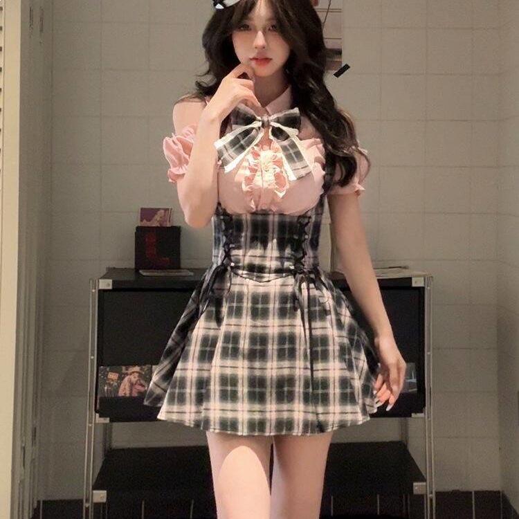 Sweetheart Academy Japanese-Style Waist-Cinching Short Sleeve Two-Piece Set