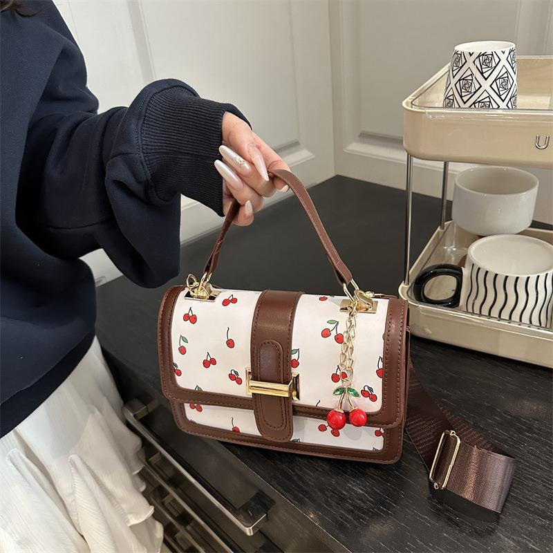New cute cherry printed messenger bag simple splicing handbag fresh contrasting color shoulder bag