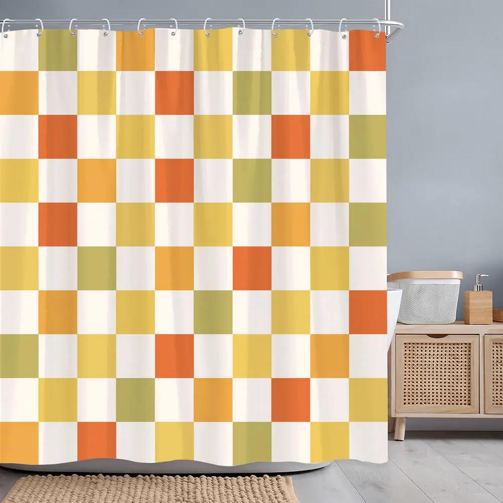 Abstract Geometric Line Square Graphic Shower Curtain Colourful Grid Polyester Fabric Shower Curtains Bathroom Decor with Hooks