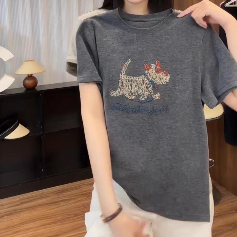 Grey short-sleeved t-shirt women s new summer loose heavy industry embroidery puppy design sense niche front shoulder top S серый