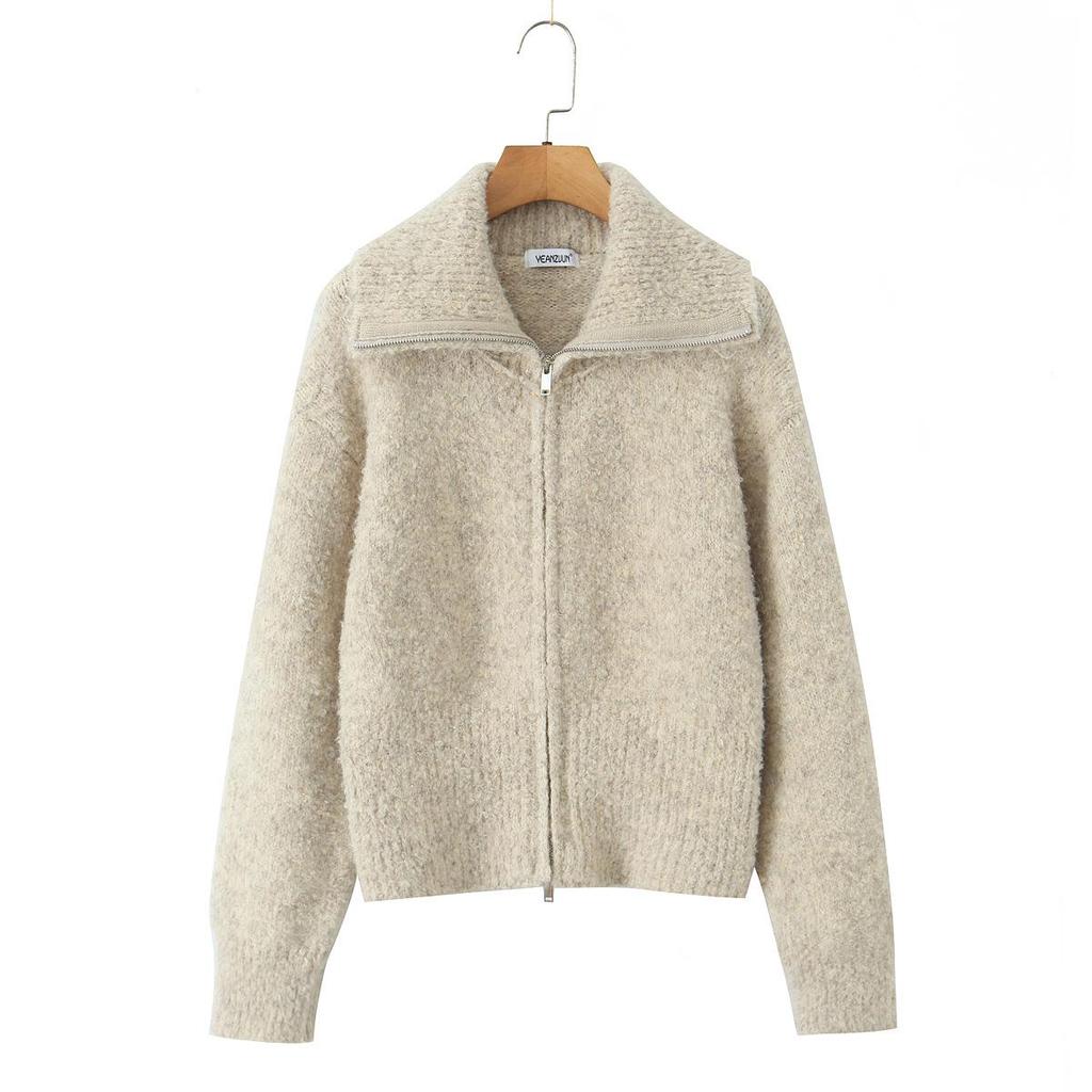 2025 Autumn/Winter Women's Double Zipper Lapel Cardigan Sweater - Versatile Casual Top