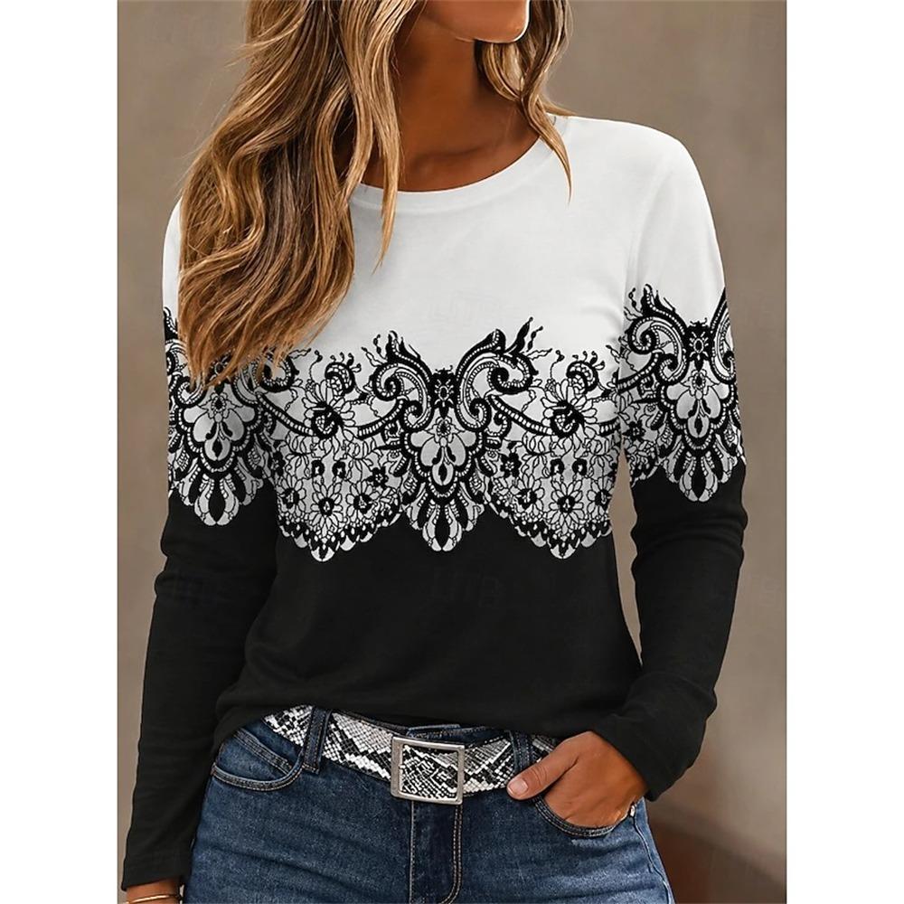 Women's Long-Sleeve T-Shirt Autumn 2026 Elegant Comfortable Crew Neck 3D Sunflower Floral Print Vintage Casual Street-Style Top