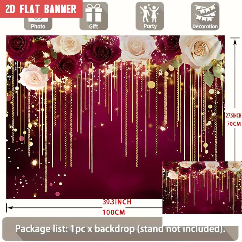 2D Flat Floral Banner with Burgundy Background, Roses, and Gold Glitter Accents 47.2x31.5inch/120*80cm