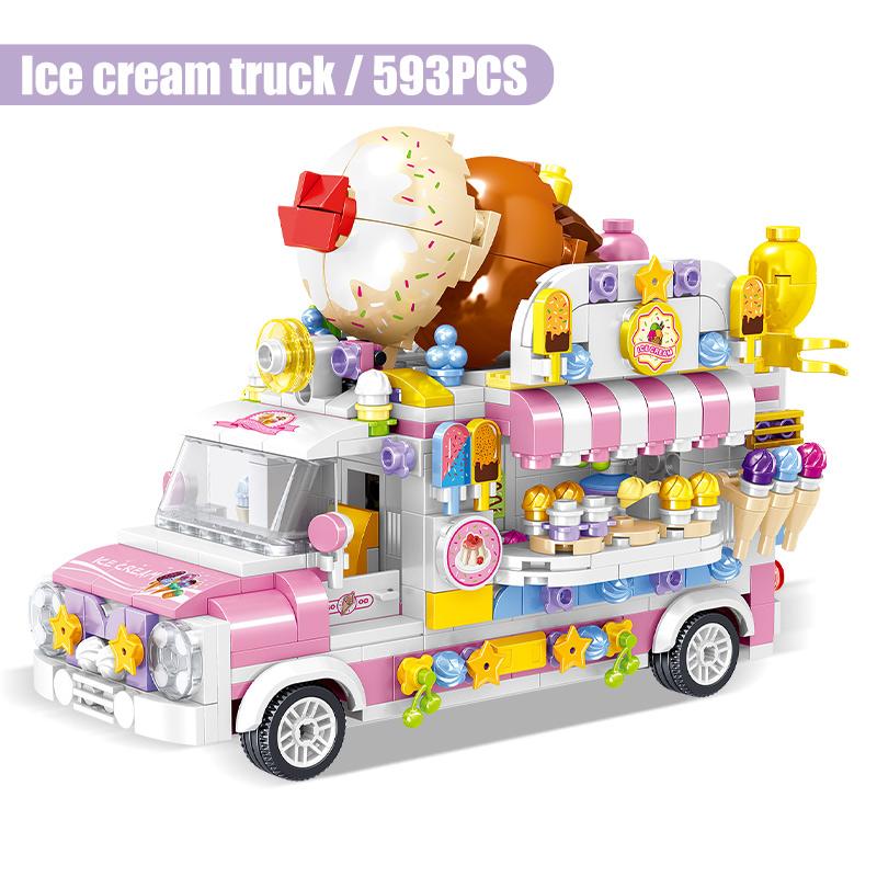 City Street View Ice Cream Car Food Shop Mini Building Blocks Camping Vehicle Friends Bricks DIY Toys for Children Girls