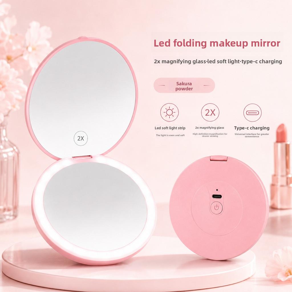 LED Foldable Makeup Mirror 2X Magnification USB Type-C Rechargeable Compact Mirror with Light Portable Travel Cosmetic Mirror for Women