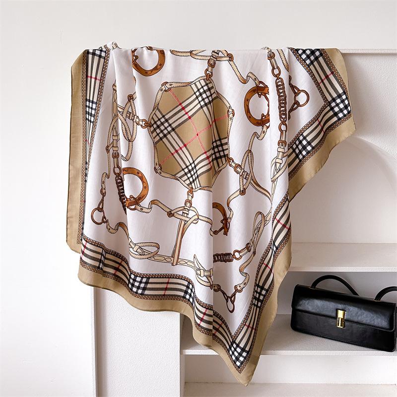 Sweet And Fresh Chain Fashionable 90Cm Imitation Silk Large Square Scarf Retro Printed Shawl Herringbone Scarf Headscarf Women