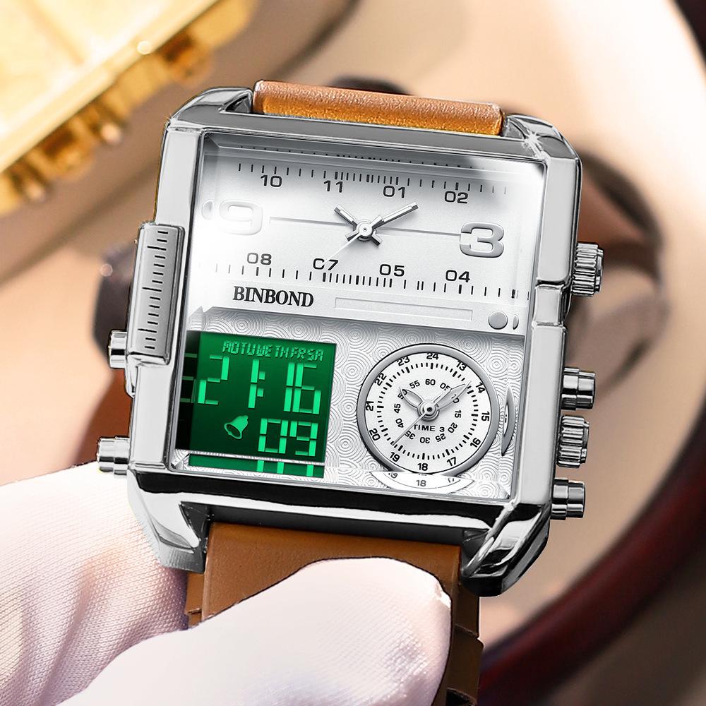 Binbang Fashion Men's Domineering Quartz Watch with Large Square Dial and Triple Display