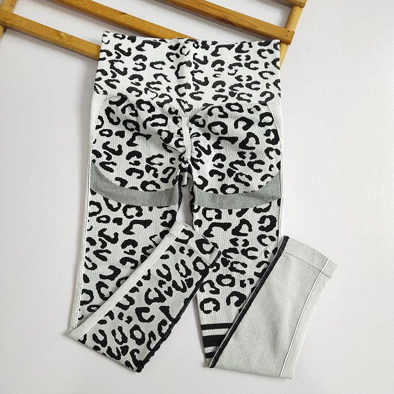 Fashion Leopard Seamless Fitness Pants Women Tight High Elastic Hip Raise Yoga Pants Pilates Running Training Sports Pants Gray Leopard Print S Code (Recommended 40-50kg)