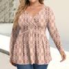 Women's Plus Size Shirt Long Sleeve  Print Top Pleated Casual V-Neck Top