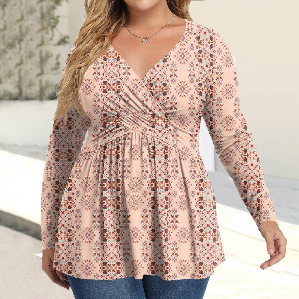Women's Plus Size Shirt Long Sleeve  Print Top Pleated Casual V-Neck Top