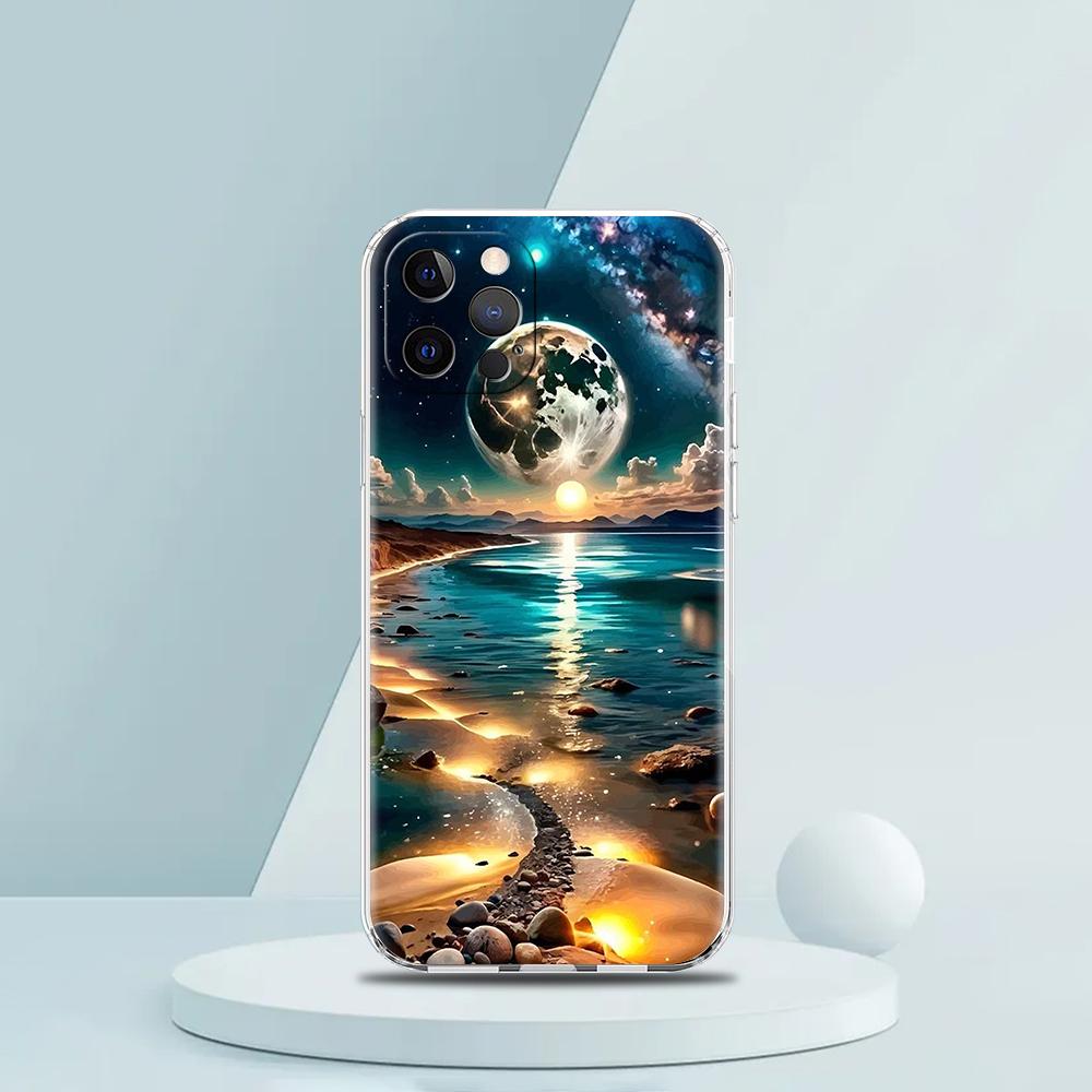 Soft TPU Transparent Phone Case for iPhone 16 15 14 13 12 11 Pro Max XR 8 7 Plus XR Starry Night Art Aesthetic Beach Night View