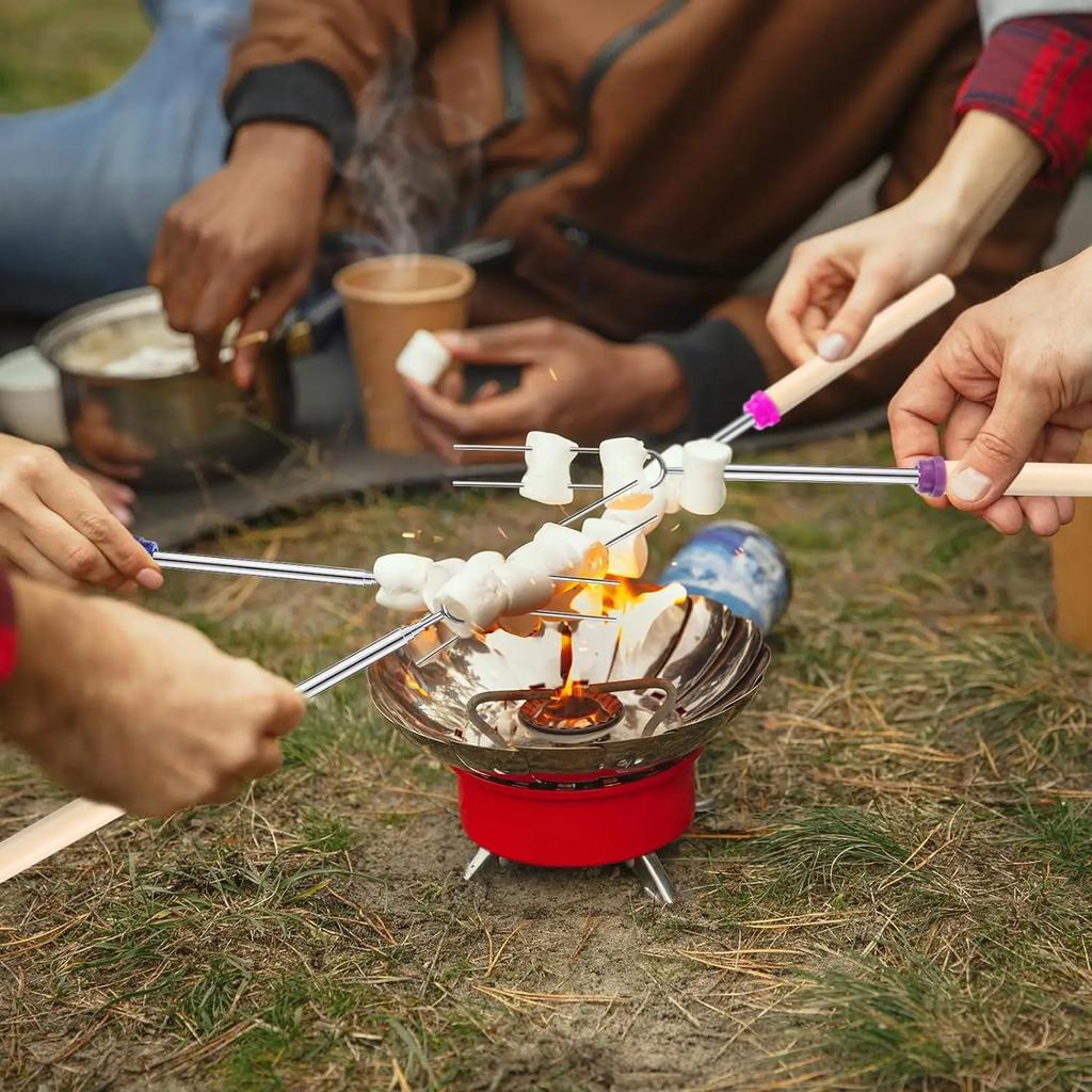 10pcs Telescoping Barbecue Fork Stainless Steel Double Metal Skewers Campfire Hot Dog Roasting Stick Smores Skewer for Camping