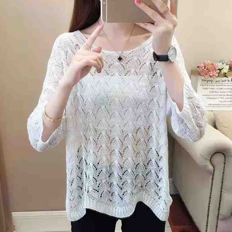 Printemps et Été Tricoté Manches Trois-quarts Chemise de Fond Ample Grande Taille Couvrant Manches Courtes Manches Courtes Féminin Coréen Fin Creux Chemise