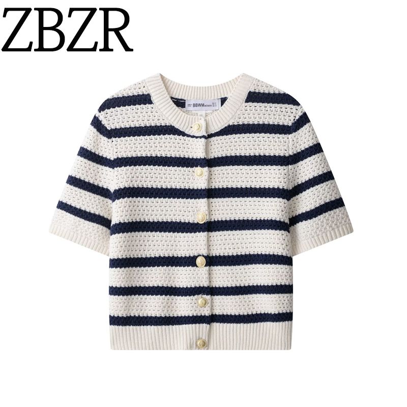 Zbzr Spring New Women clothes Western Style Elegant Simple round Neck Short sleeve Texture Stripe Knit cardigan