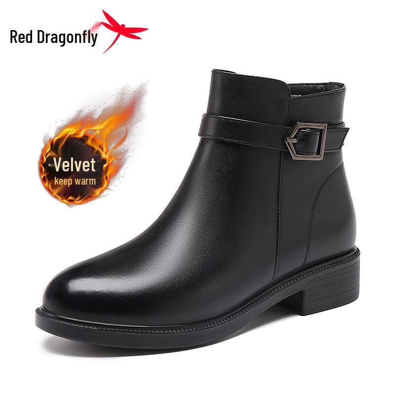 Red Dragonfly Women s Mid-Calf Leather Boots with Plus Velvet Lining - Warm Winter Footwear for Ladies 39