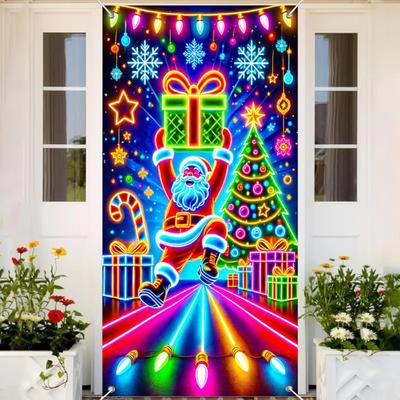 Yousheng Fluoreszierende Weihnachts-Türabdeckung 71x35 Zoll Leuchtet im Dunkeln Türbanner mit Weihnachtsmann Baum Geschenkbox für Winter Haustür Party Wanddeko