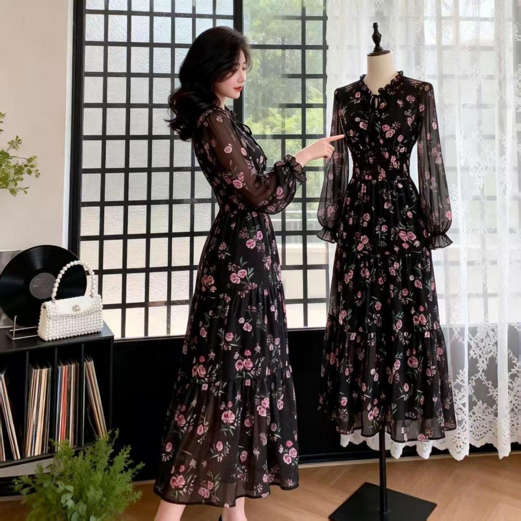 High-Quality Hong Kong Style Floral Ruffled Long Dress - Korean Chic Resort & Sweet Waist-Cinched Skirt